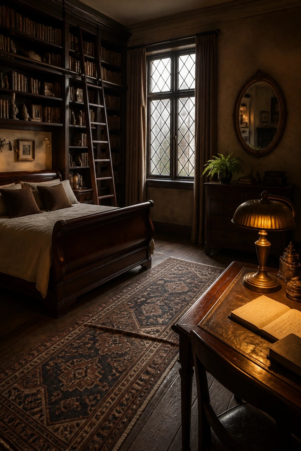 A dark wood bedroom with floor-to-ceiling built-in bookshelves filled with books, a rolling ladder, a sleigh bed, a wooden desk with an open book, and a large patterned rug.
