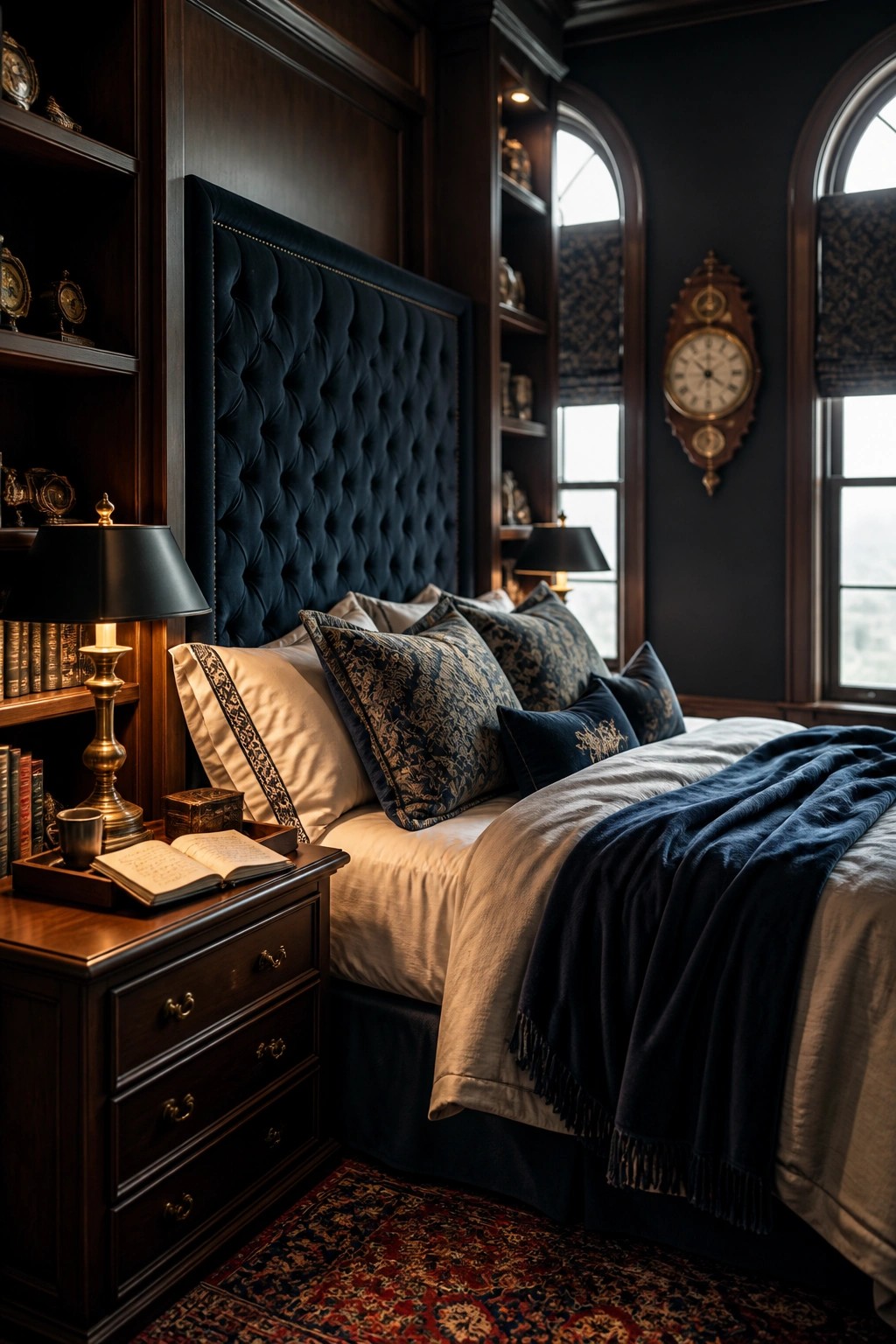 A bedroom featuring a large navy tufted headboard centered between dark wood built-in shelves, with a wooden nightstand holding a lamp and open book in front.