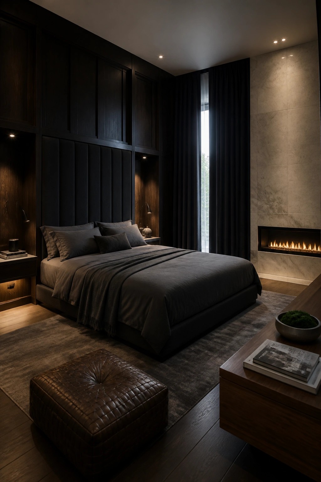 A bedroom with dark wood paneled walls, a large bed in gray bedding, a brown leather ottoman on a rug, and a marble fireplace along the right wall.