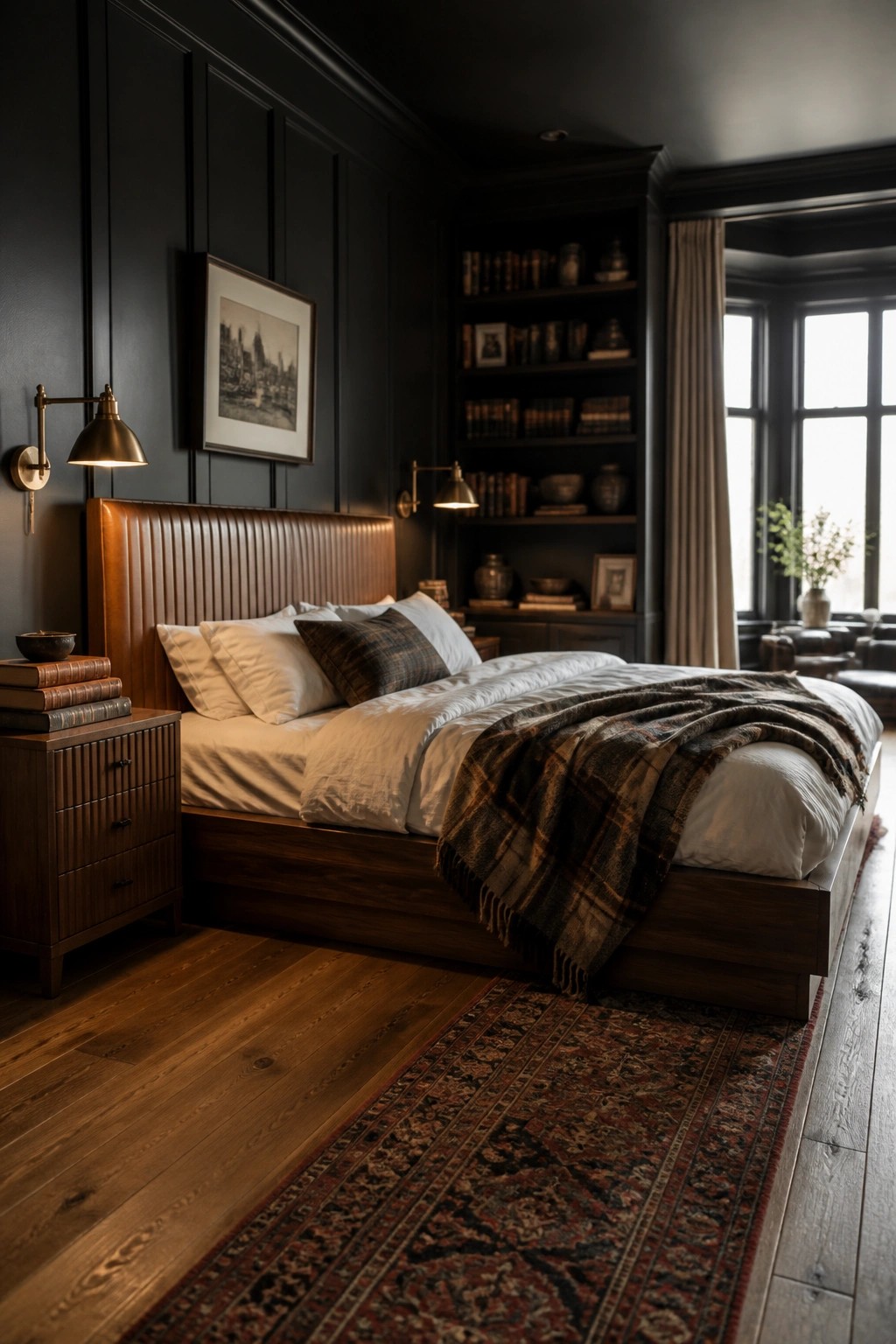 A bedroom with dark paneled walls, a leather headboard on a wooden bed, white bedding with a plaid throw, built-in bookshelves, and a patterned rug on hardwood floors.
