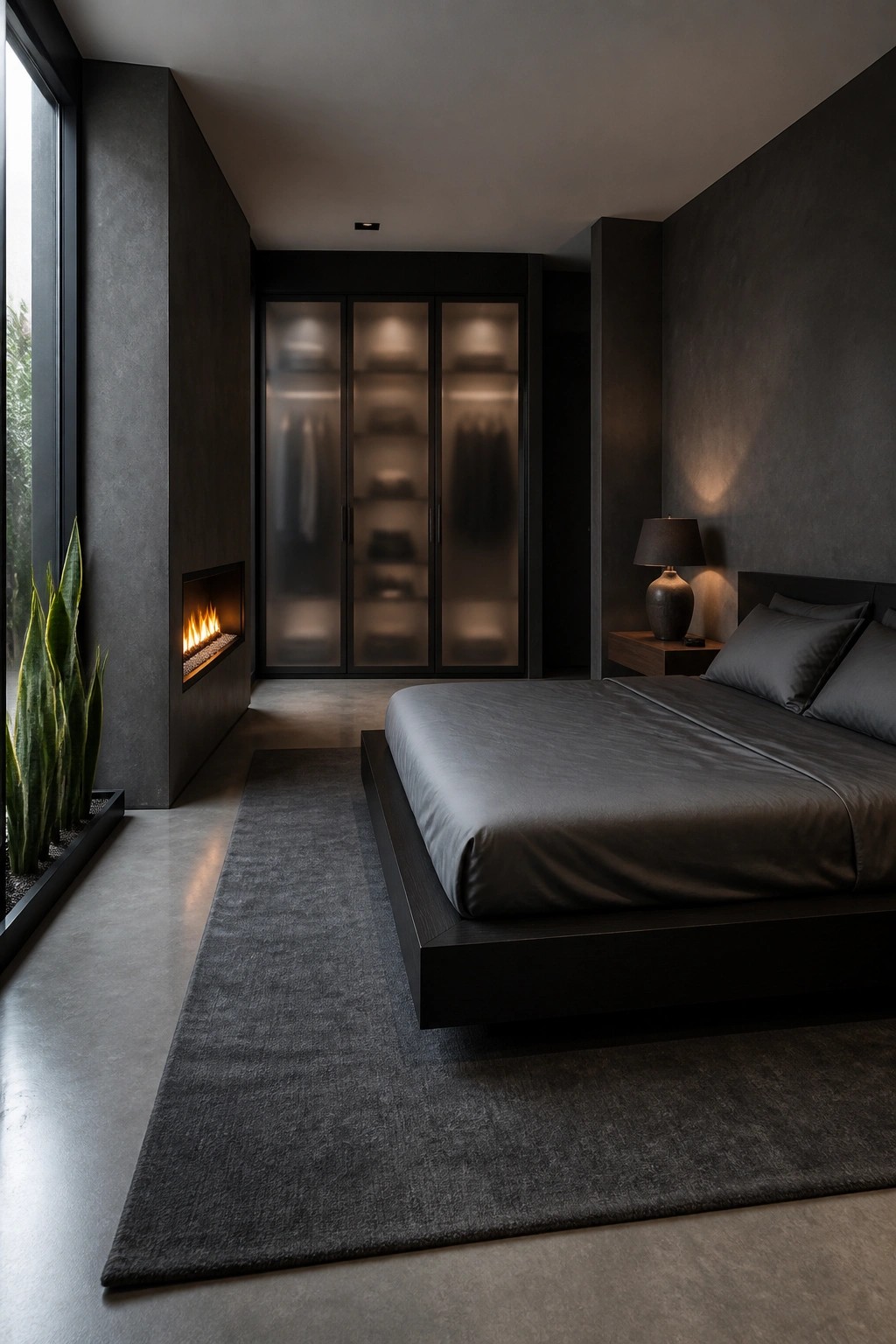 A modern bedroom with dark walls, a low platform bed in dark gray bedding, a built-in fireplace, and a large dark rug on concrete flooring.