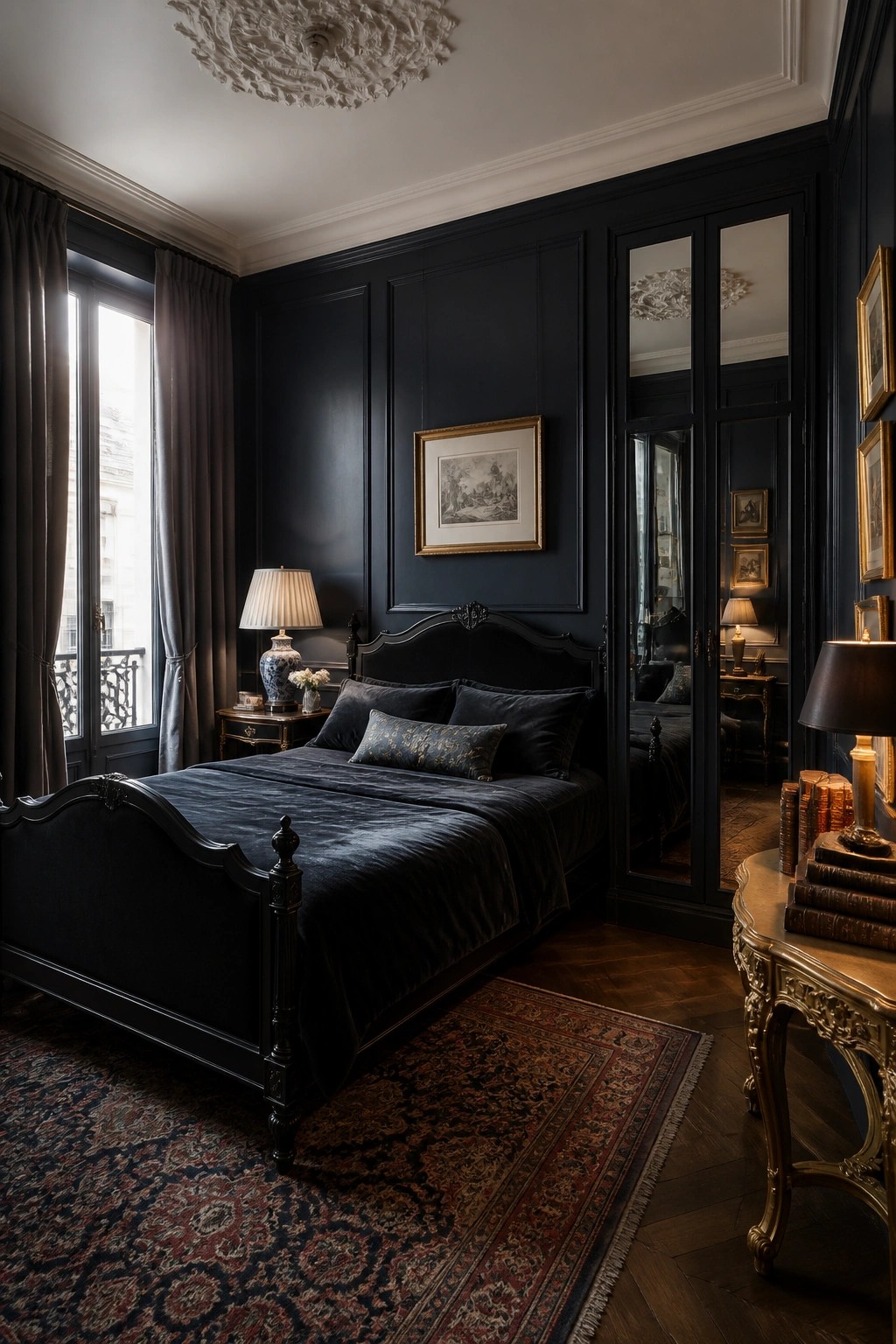 A bedroom featuring dark paneled walls, a black wooden bed with dark velvet bedding, a patterned rug, and mirrored wardrobe doors.