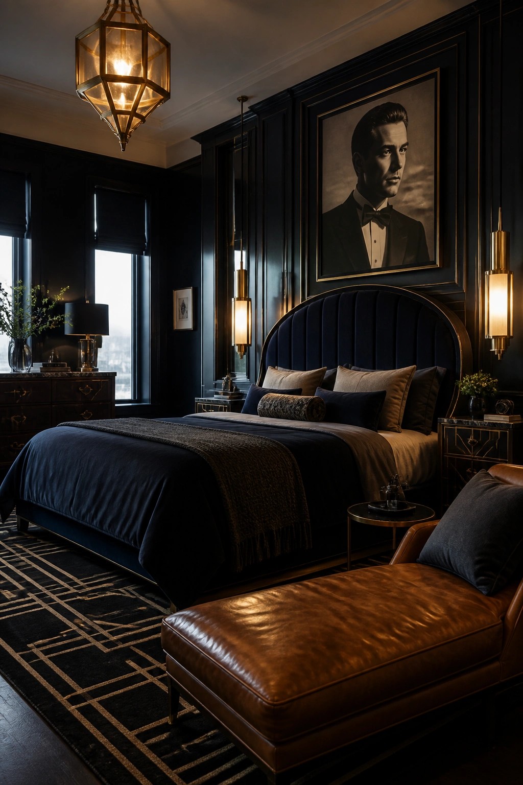 A dark bedroom with navy walls, a large bed with a curved velvet headboard, a brown leather bench, and a framed portrait above the bed.