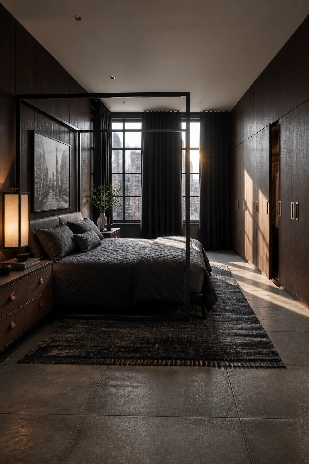 A dark bedroom featuring wood-paneled walls, a black four-poster bed with quilted bedding, and tall windows with black curtains.