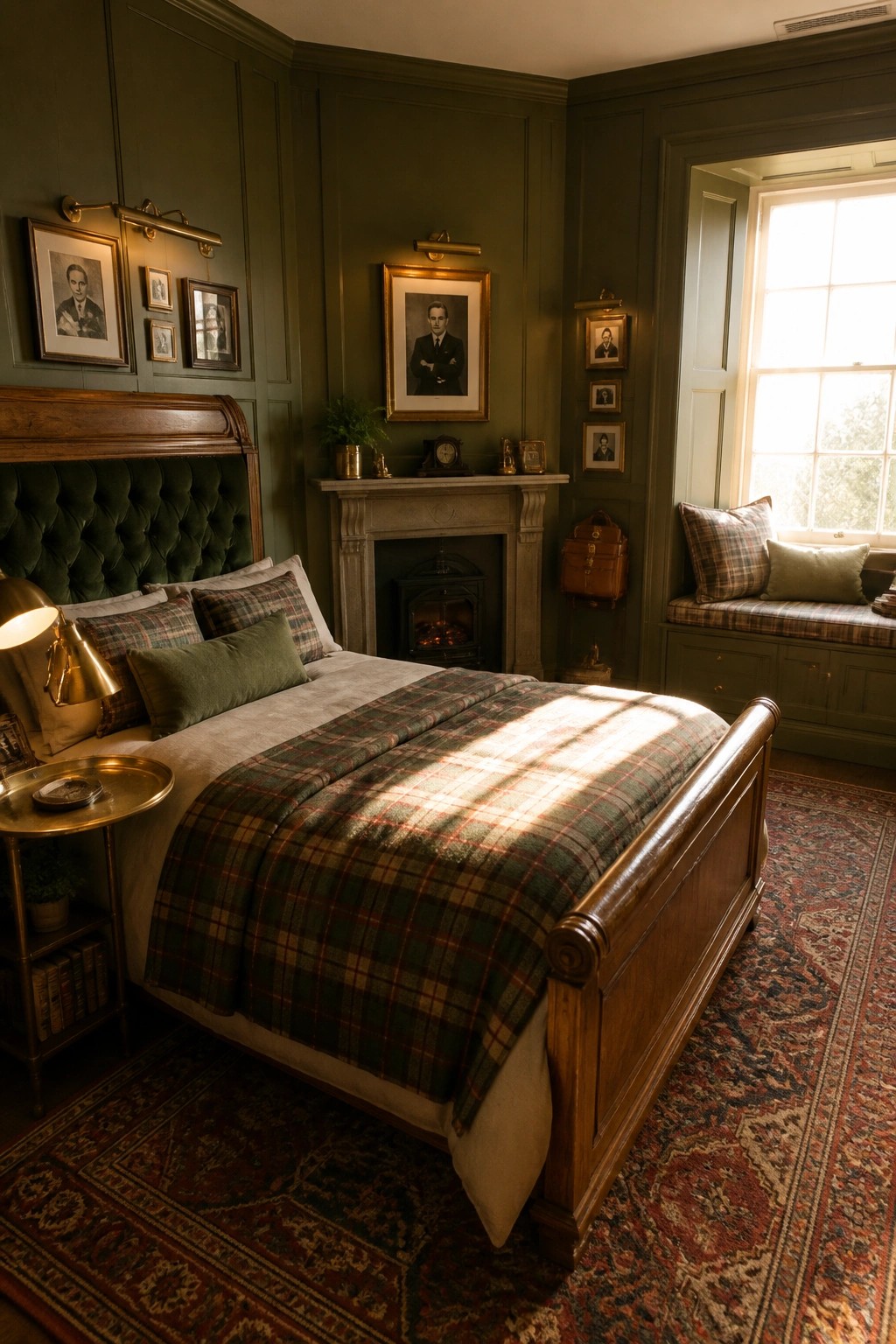 A bedroom featuring dark green paneled walls, a wooden sleigh bed with plaid bedding, a fireplace, and a window seat.
