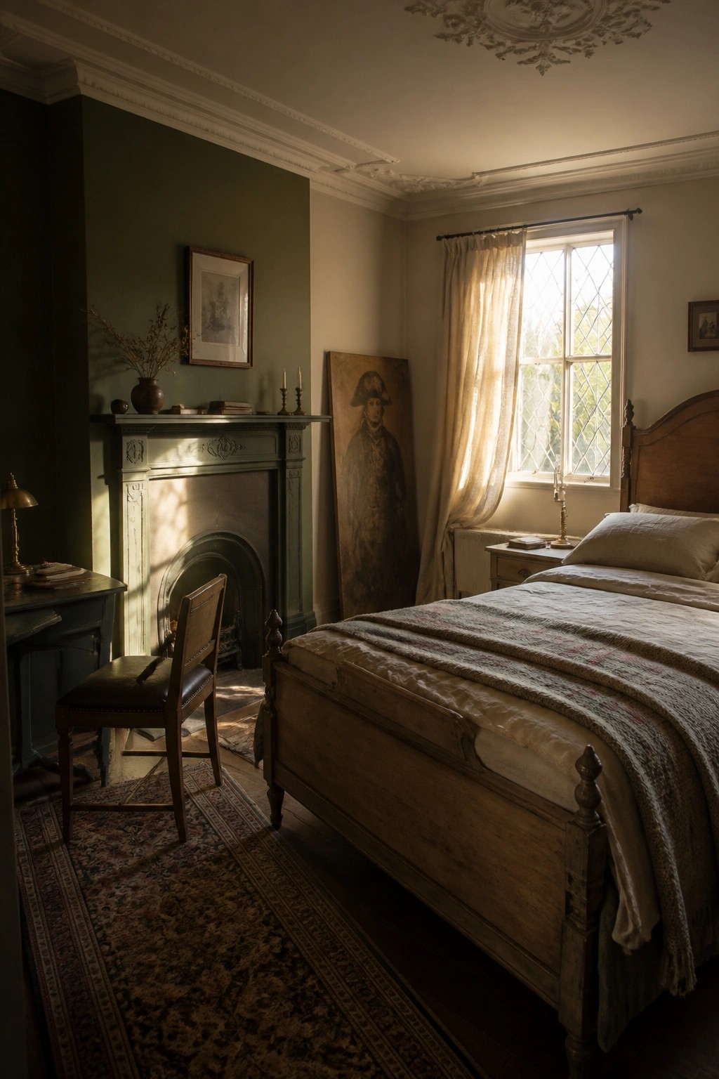 A bedroom interior with deep green walls, a wooden bed, a fireplace, and a large portrait leaning against the wall.