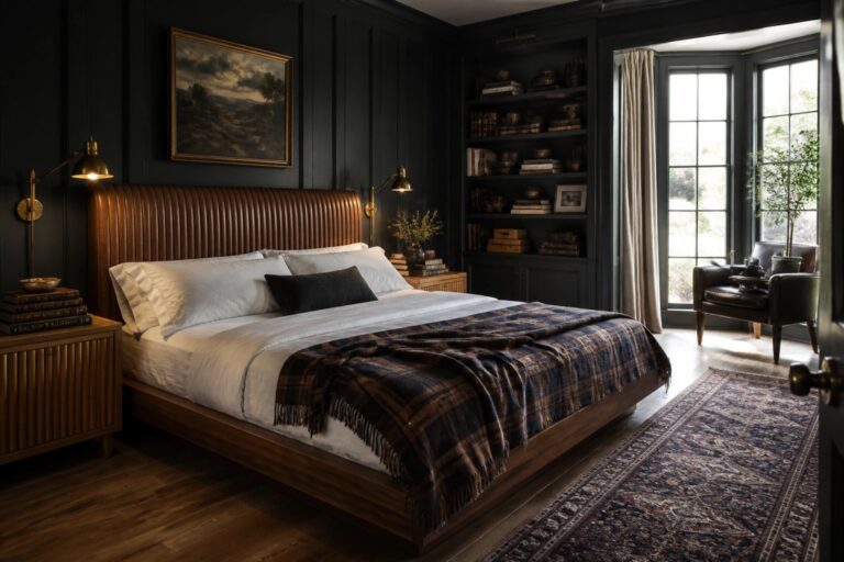 A bedroom with dark paneled walls, a leather headboard on a wooden bed, white bedding with a plaid throw, built-in bookshelves, and a patterned rug on hardwood floors.