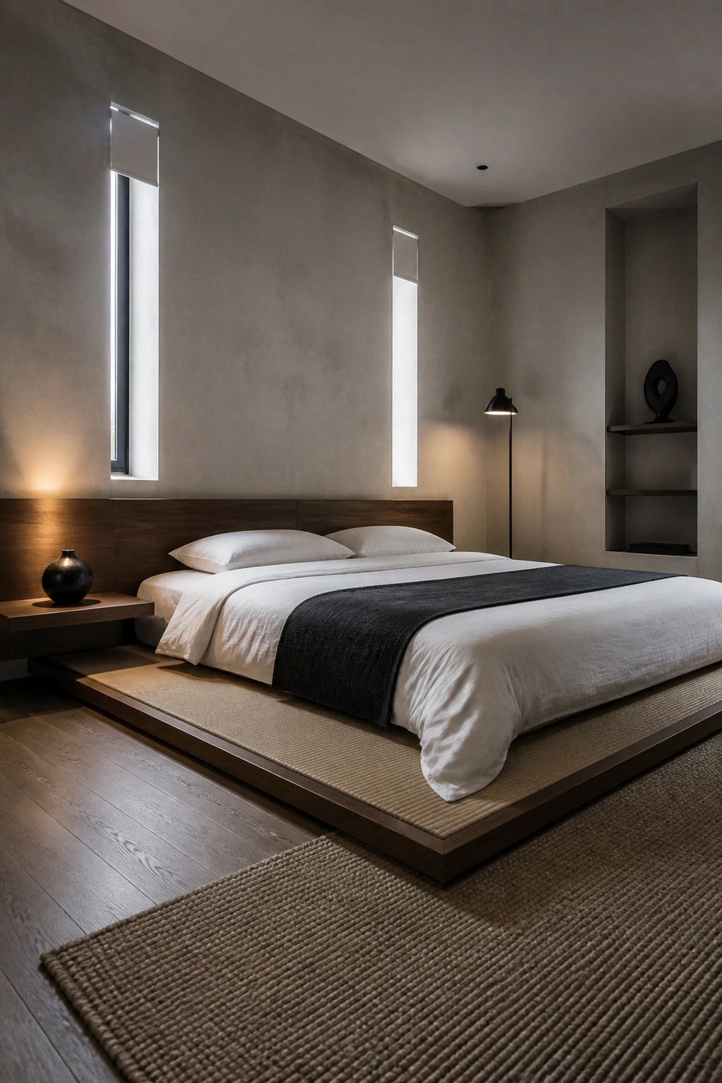 A minimalist bedroom with a low wooden platform bed dressed in white linens and a dark runner, placed on woven mats against a concrete wall with three tall narrow windows.