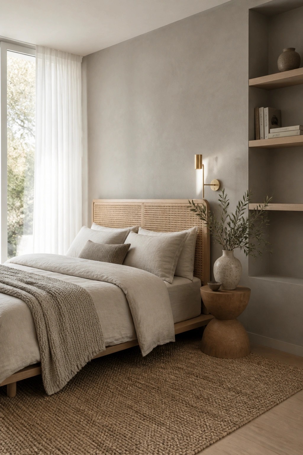 A bedroom featuring a low wooden bed with a cane headboard, layered neutral linens, a wooden pedestal side table, built-in wall shelves, and a large woven rug on the floor.