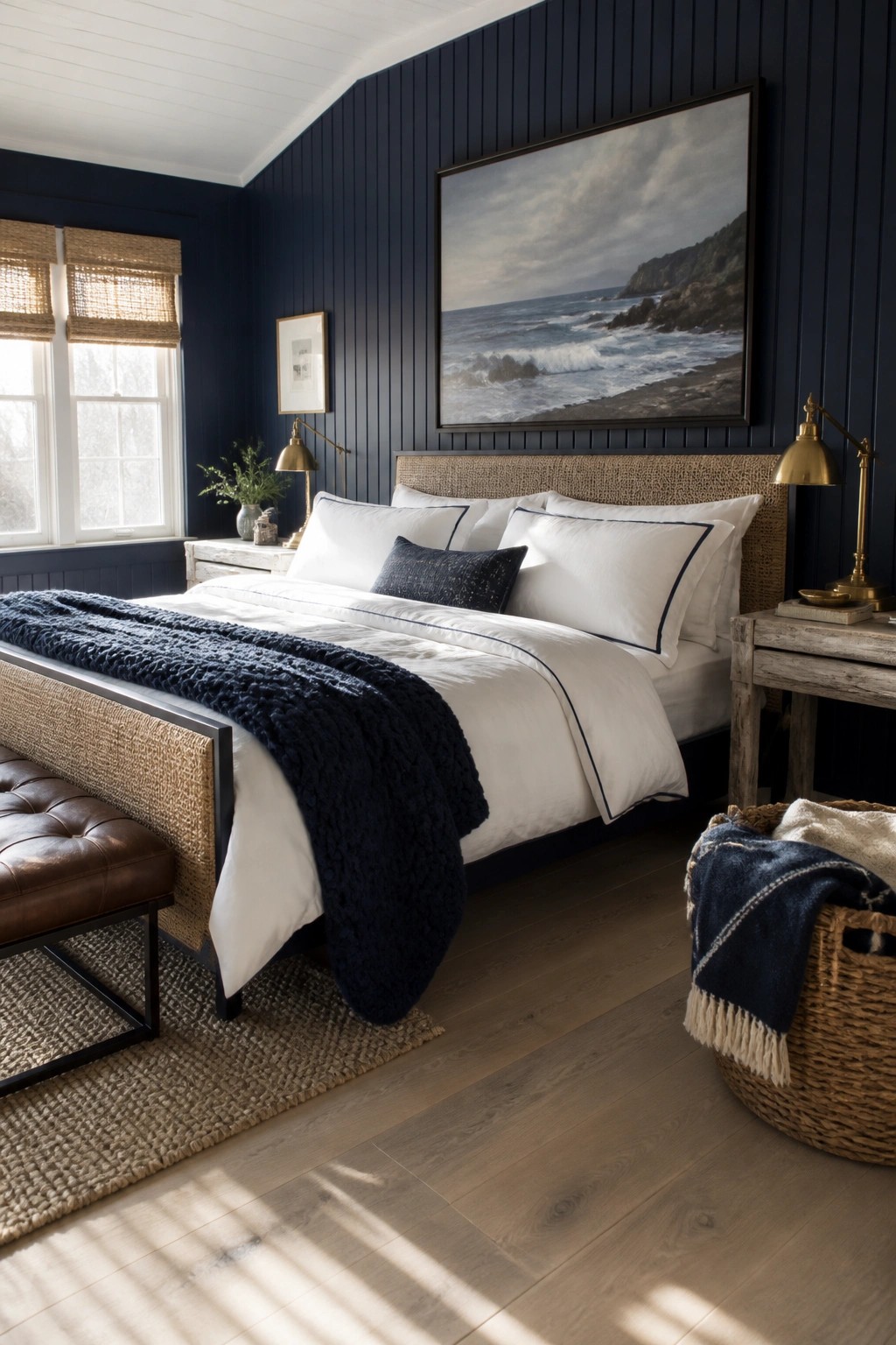 A bedroom featuring dark navy vertical paneled walls, a bed with white linens and a woven headboard, brass lamps, and a large ocean painting above the bed.