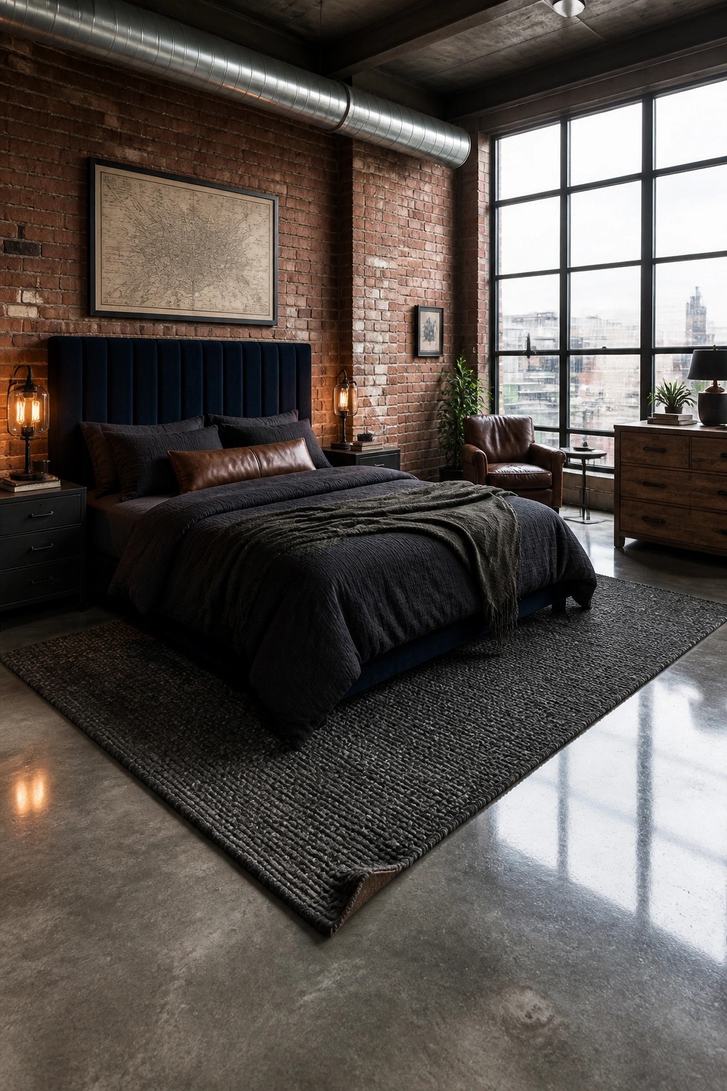 Loft bedroom with dark blue bed, brick walls, leather chair, and large windows.