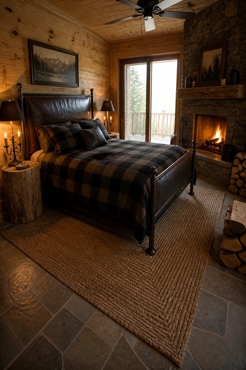 A bedroom with a dark leather bed, plaid comforter, wooden walls, and a stone fireplace with a lit fire on the right side.