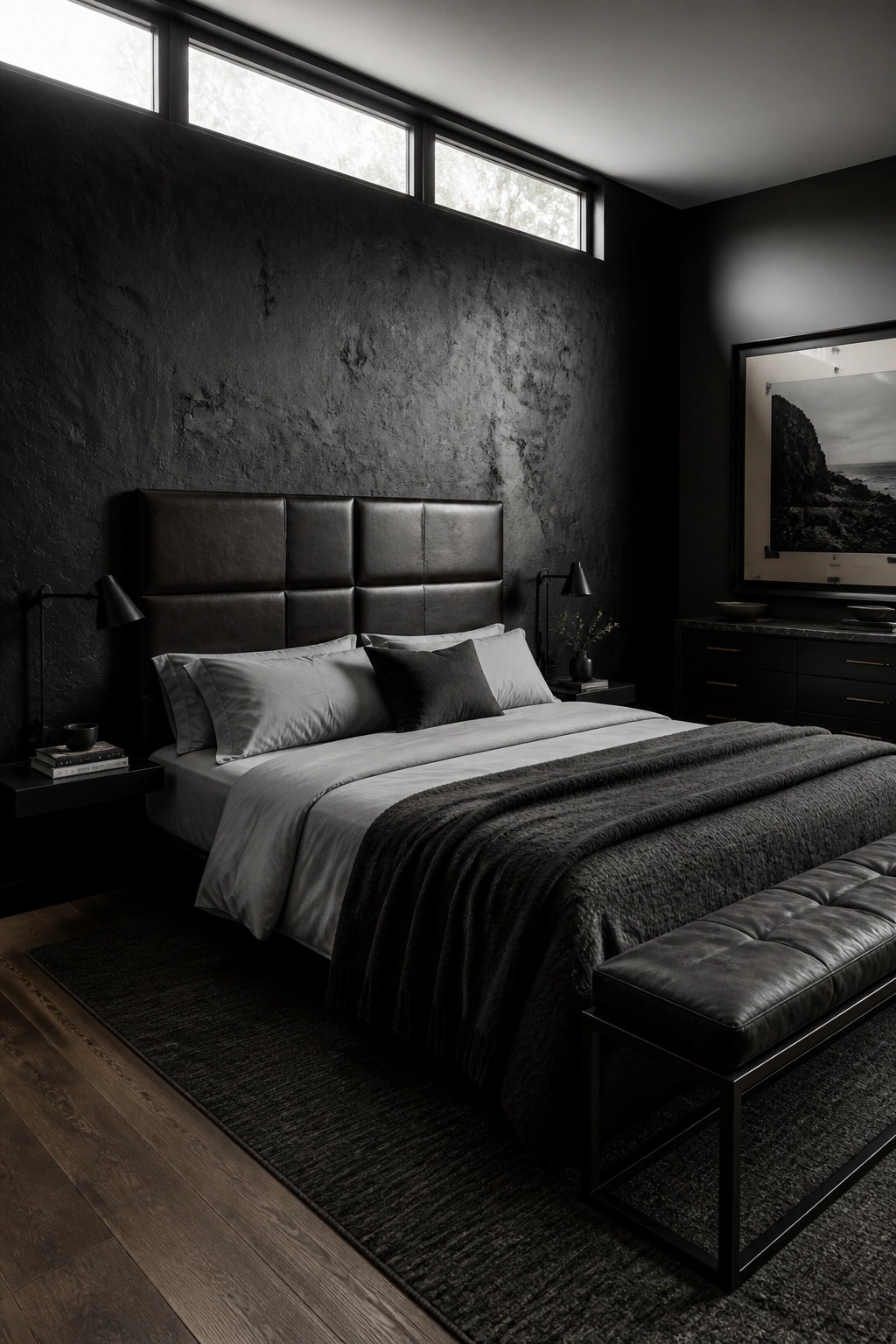 A modern bedroom with a large bed against a textured black wall, dark leather headboard, gray and black bedding, and a matching leather bench at the foot of the bed.