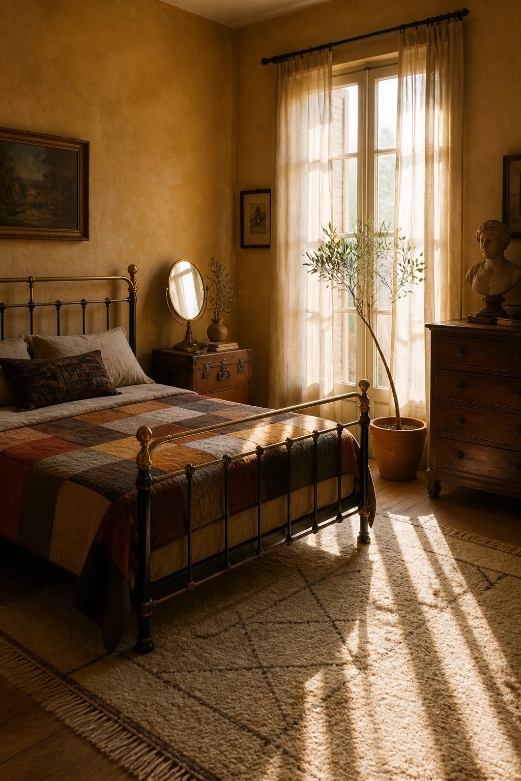 A bedroom interior with a brass bed frame, patchwork quilt, warm yellow walls, a wooden chest, and sunlight casting shadows across a woven rug from a window with sheer curtains.