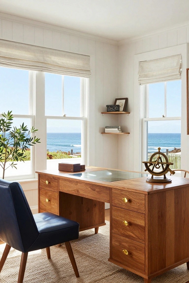 Coastal home office with wooden desk, blue chair, and ocean views through large windows