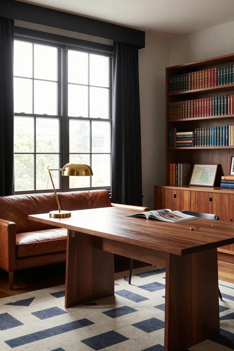 A home office with a large wooden desk, brown leather sofa, brass lamp, open book, and built-in bookshelf along one wall.