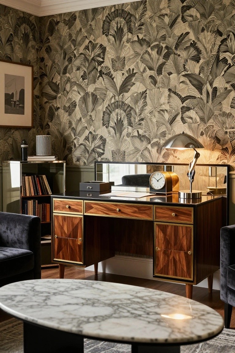 A dark wood desk with brass trim and geometric inlay sits against a wall covered in large-scale botanical wallpaper, with a marble coffee table visible in the foreground.