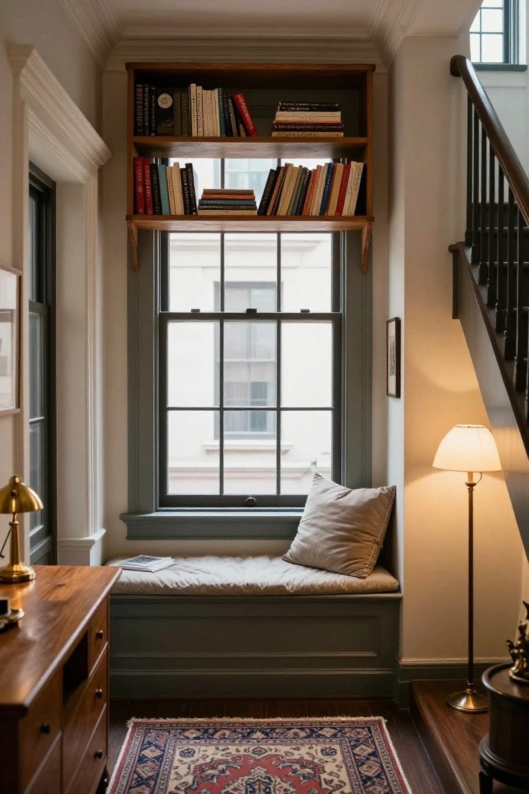 An interior view of a gray-painted window seat with a light cushion and pillow beneath wooden bookshelves filled with books, beside a wooden desk and a floor lamp.