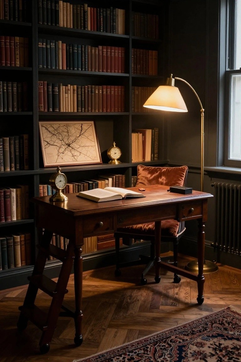 A wooden desk sits in front of dark built-in bookshelves filled with books, with a brass floor lamp and a window visible to the right.