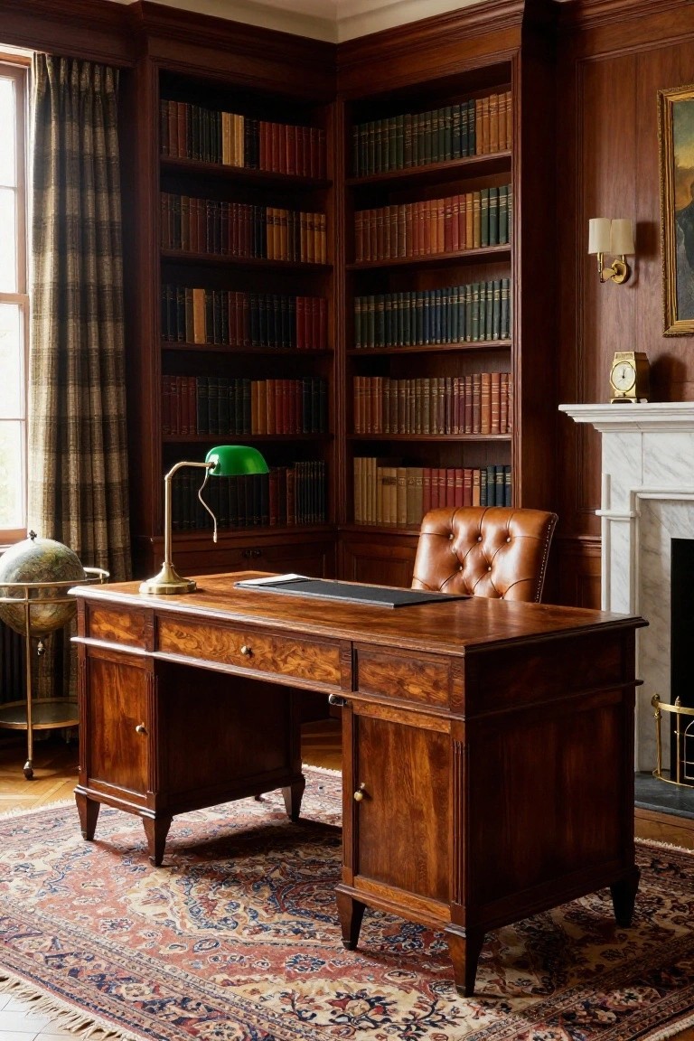 A large wooden desk with a green lamp sits in front of built-in dark wood bookshelves filled with books, next to a brown leather chair and a marble fireplace.