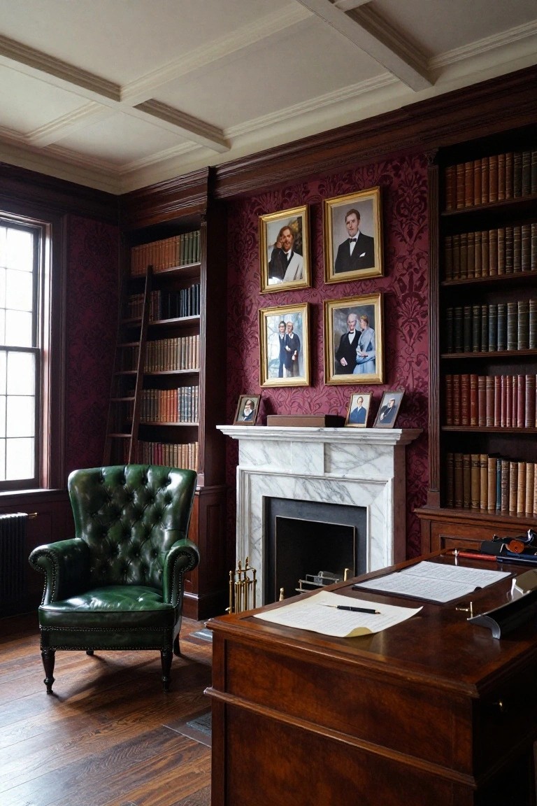 Luxurious study with wooden desk, green leather chair, fireplace, and bookshelves on red walls.