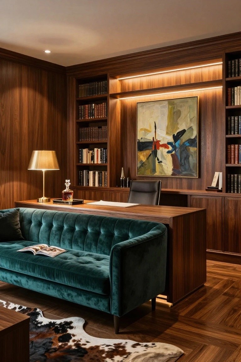 A home office featuring dark wood built-in bookshelves, a large wooden desk, a teal velvet sofa in front of the desk, and an abstract painting centered on the back wall.