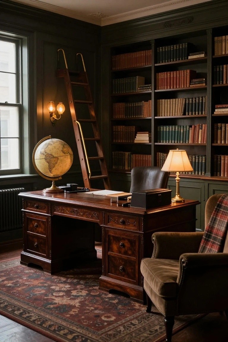 A traditional home office with dark wood built-in bookshelves, a rolling ladder, a large wooden desk, a globe, and a leather chair on a patterned rug.