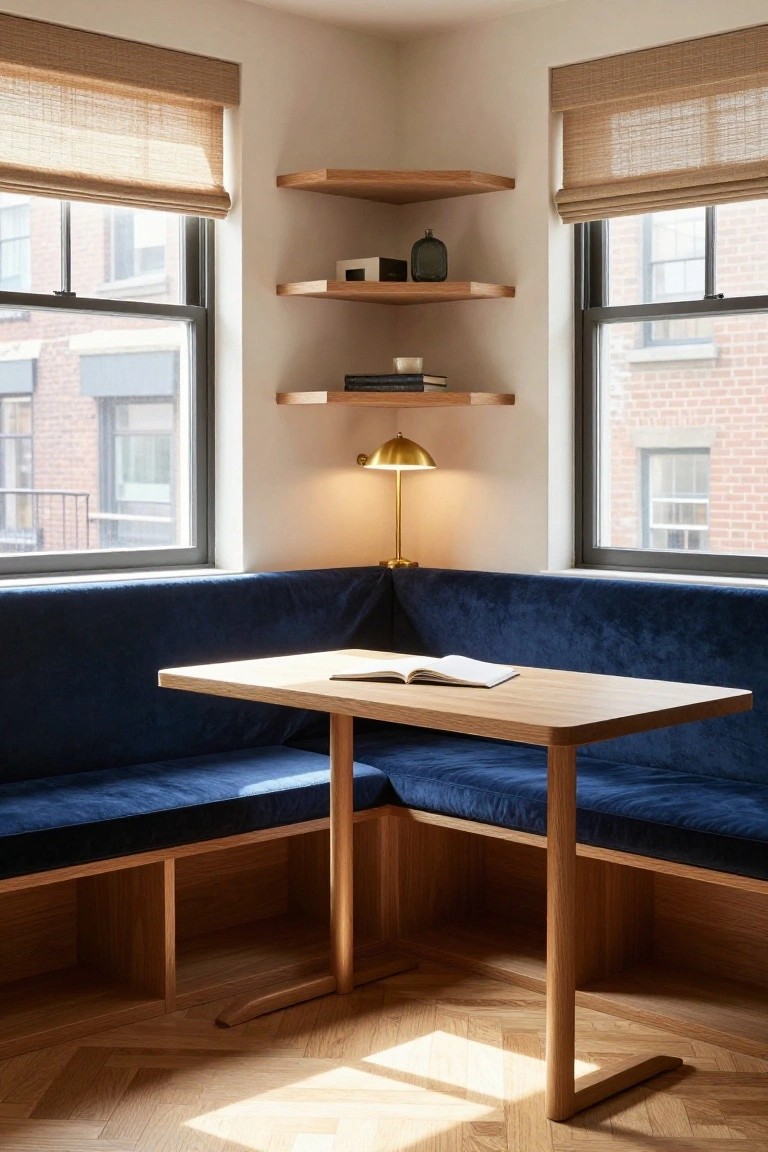 A corner office nook with a blue velvet built-in banquette, wooden table, floating oak shelves, and brass desk lamp between two windows.