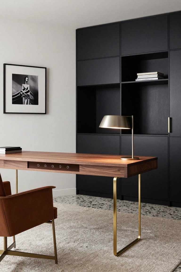 A home office with a walnut desk on brass legs in front of black built-in cabinetry, a brown leather chair, and a brass desk lamp.