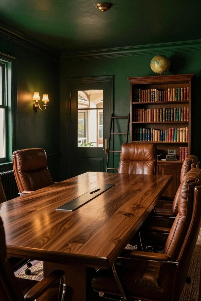A home office interior with dark green walls, a long wooden table surrounded by brown leather chairs, built-in bookshelves, and a ladder.
