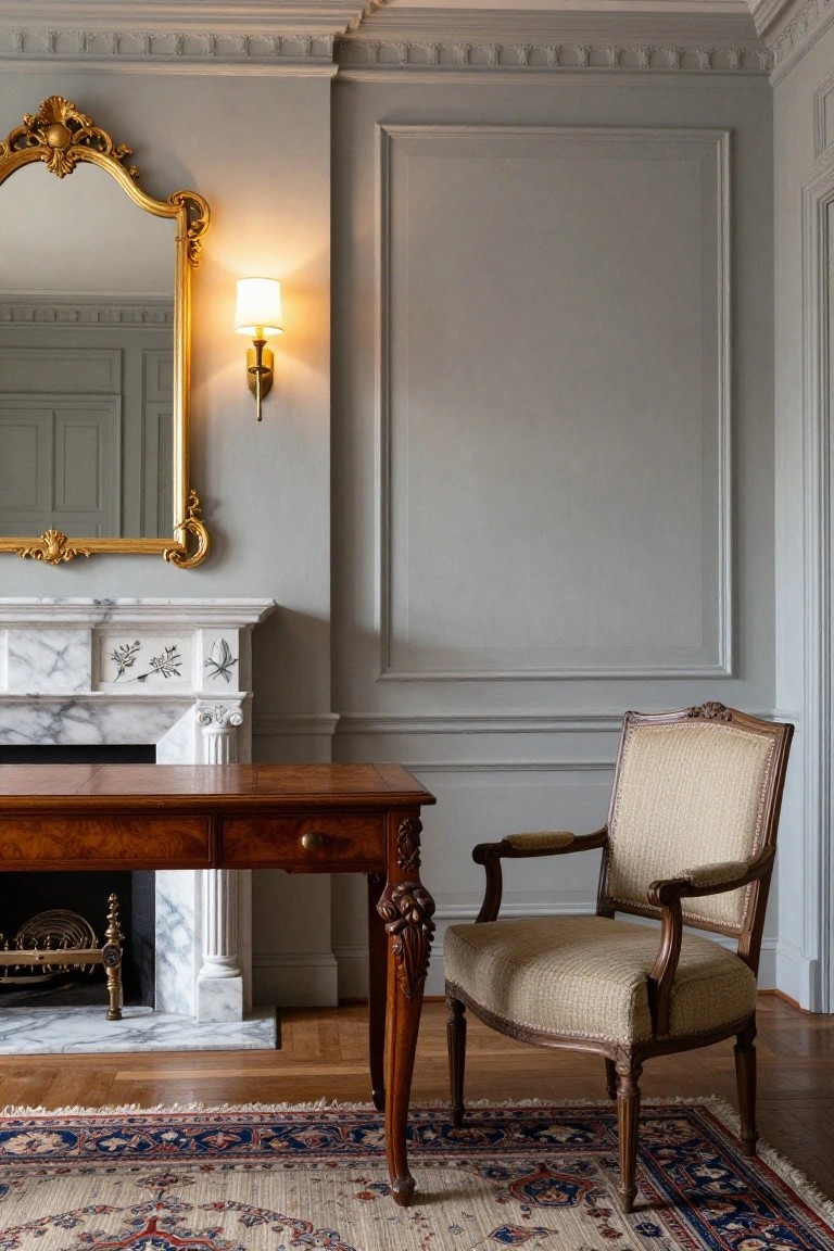 A wooden desk with a carved leg sits in front of a white marble fireplace, next to an upholstered armchair on a patterned rug, with a gold mirror and wall sconce above the mantel.