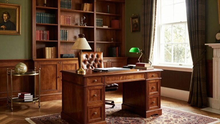 21 Timeless Gentleman Office Ideas That Feel Rich and Refined A large wooden desk with a green lamp sits in front of built-in dark wood bookshelves filled with books, next to a brown leather chair and a marble fireplace.