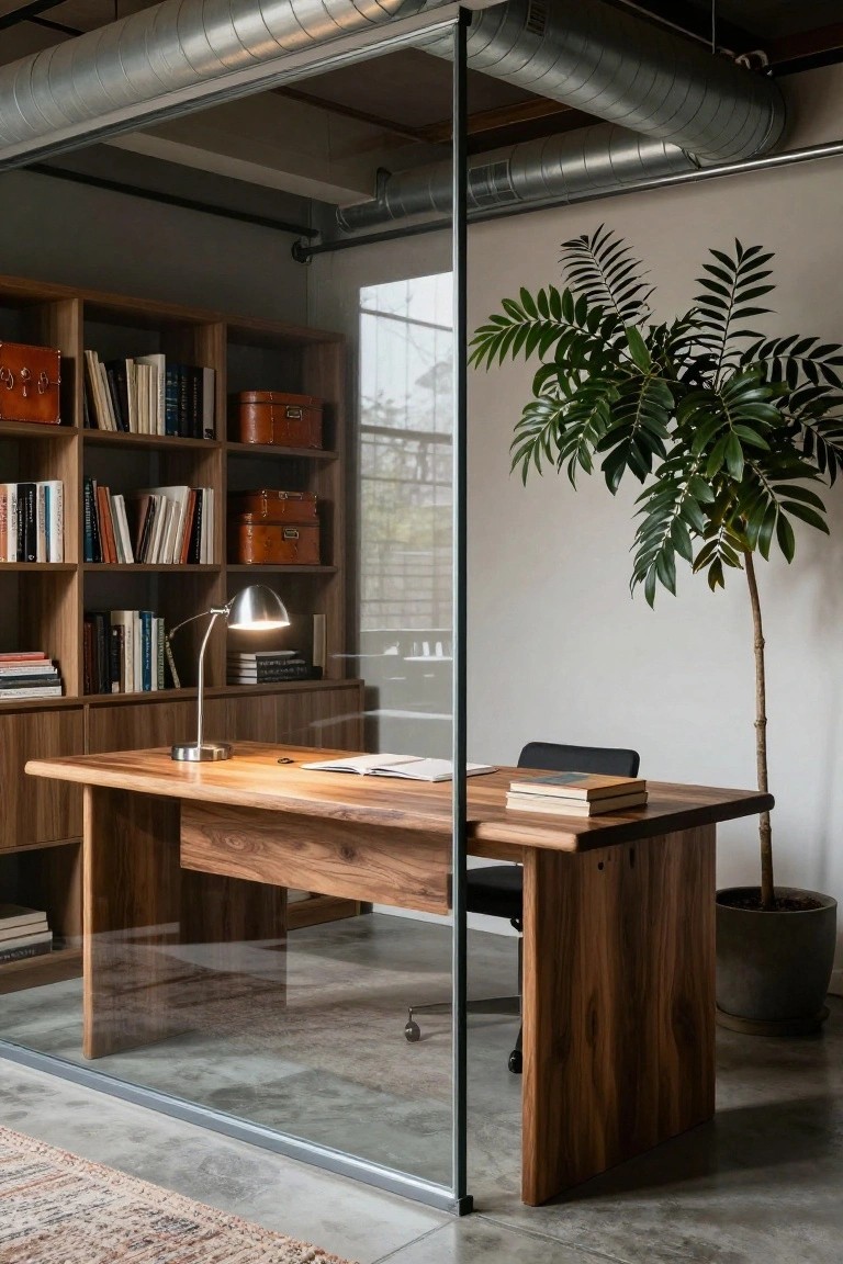 A wooden desk sits behind a clear glass partition in a home office, with built-in wooden bookshelves visible on the left side of the frame.