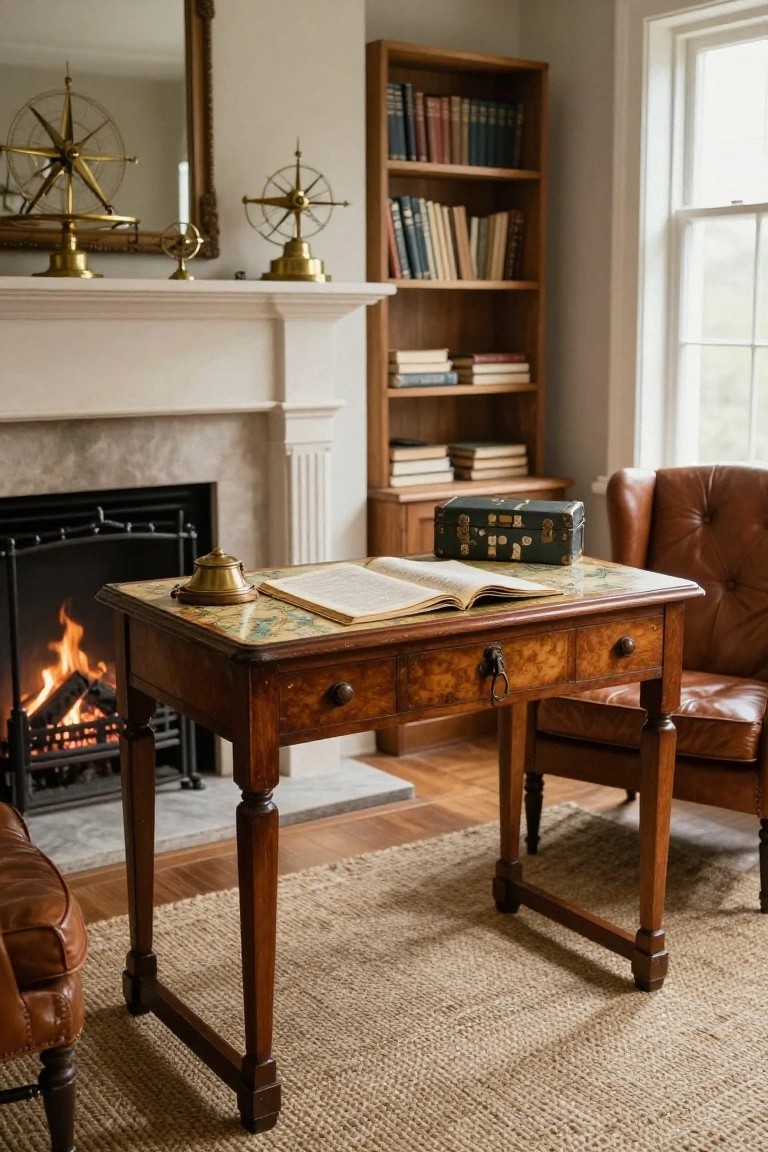 A wooden desk with an open book and brass accessories stands on a rug in front of a fireplace, with leather chairs and a bookshelf nearby.