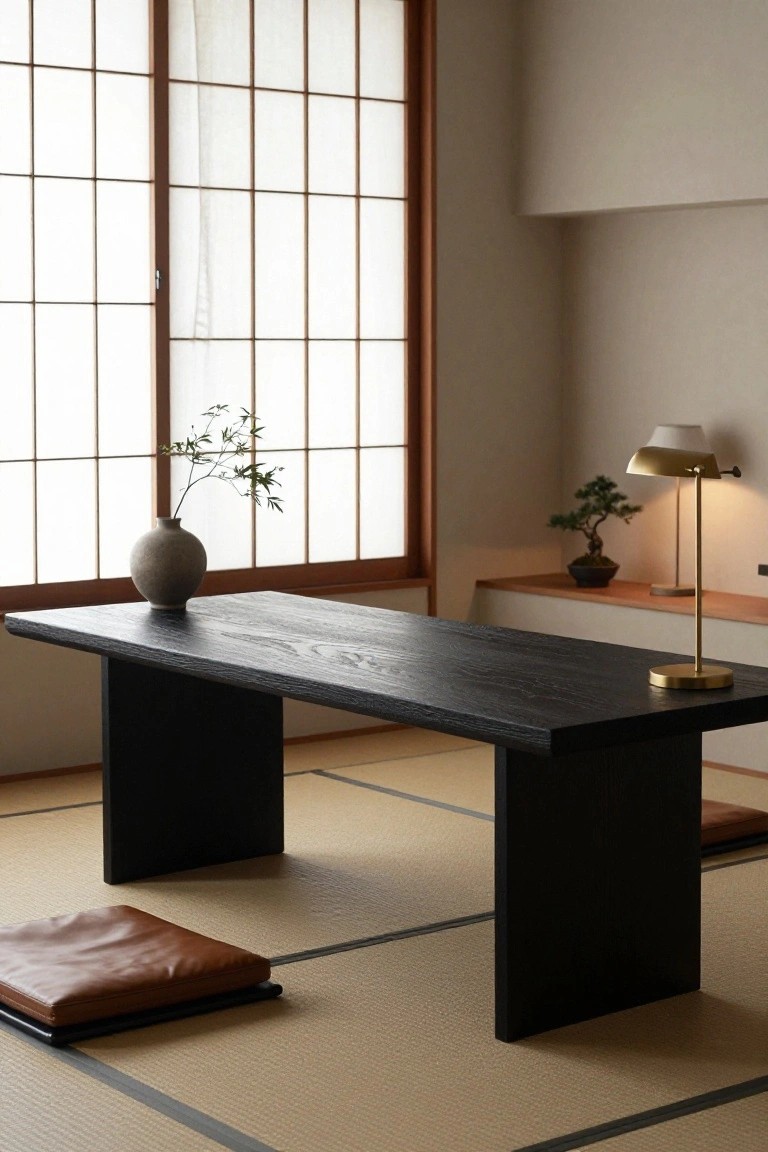 A dark wooden low table rests on tatami mats beside a brown floor cushion, with shoji screens in the background and a small vase on the desk.