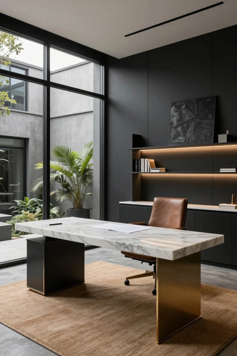 A modern office with a large white marble desk on black and gold bases, a brown leather office chair, dark built-in shelves with underlighting, and large black-framed windows.