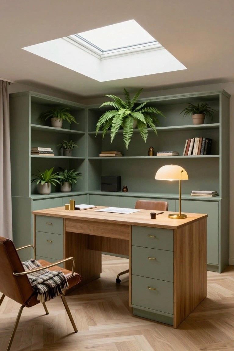 A home office with sage green built-in shelves and cabinets surrounding a wooden desk, a brown leather chair, plants, and a skylight above.