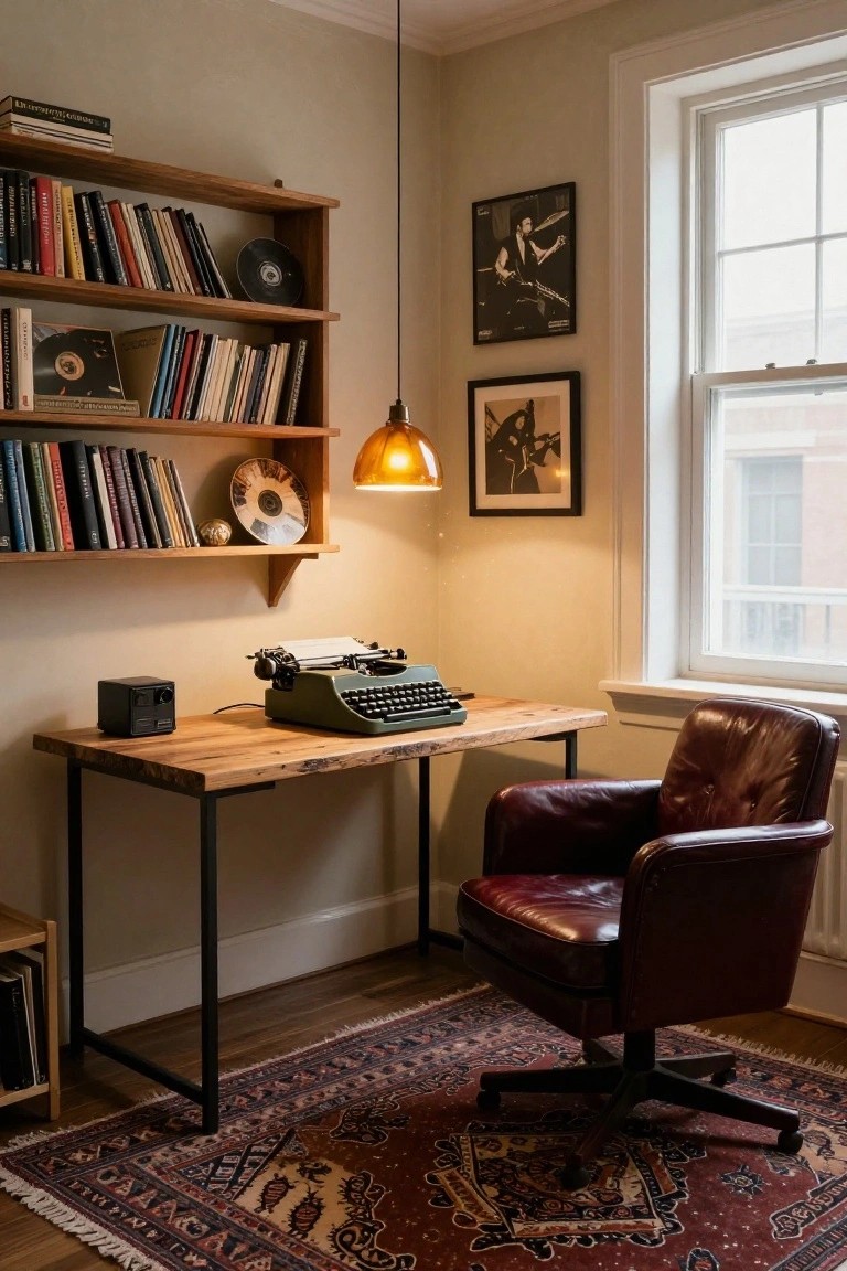 A home office shows a wooden desk holding a vintage typewriter, a brown leather swivel chair on a patterned rug, floating bookshelves on the left wall, and two framed pictures on the back wall.