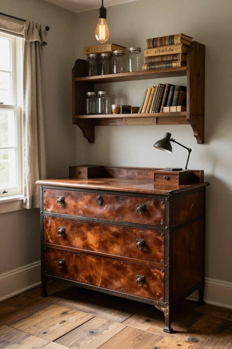 A brown wooden chest of drawers with metal corners and handles serves as a desk beneath wall-mounted wooden shelves holding books and glass jars.