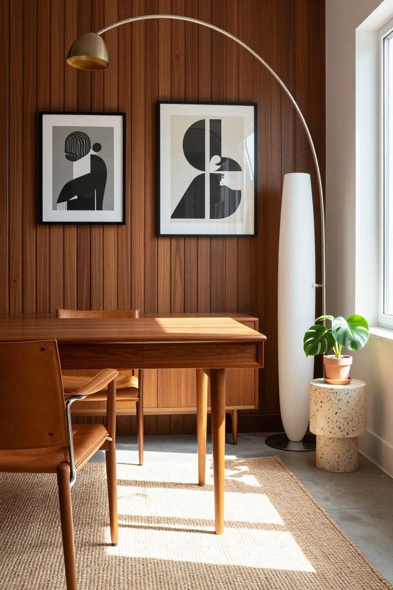 A home office featuring vertical wood paneling, a wooden desk with leather chairs, two framed abstract prints, an arched floor lamp, and a potted plant on a stone stool.