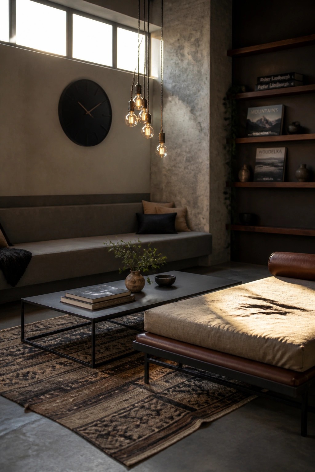 A masculine living room featuring a concrete wall, built-in bench, black coffee table on a patterned rug, leather daybed, and cluster of pendant lights.