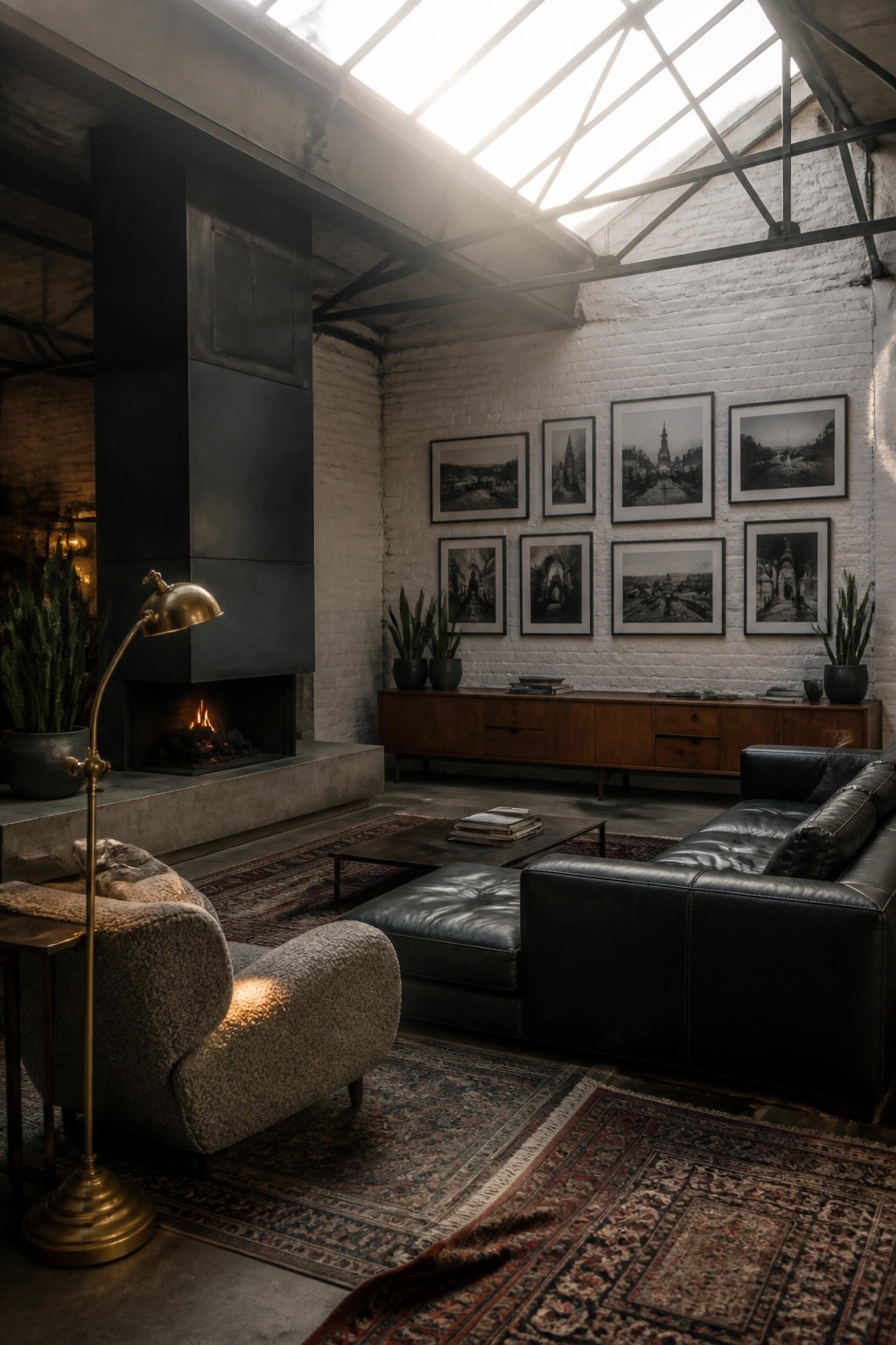 An industrial loft living room with a black leather sectional sofa, dark metal fireplace, layered patterned rugs, and a gallery wall on white brick.