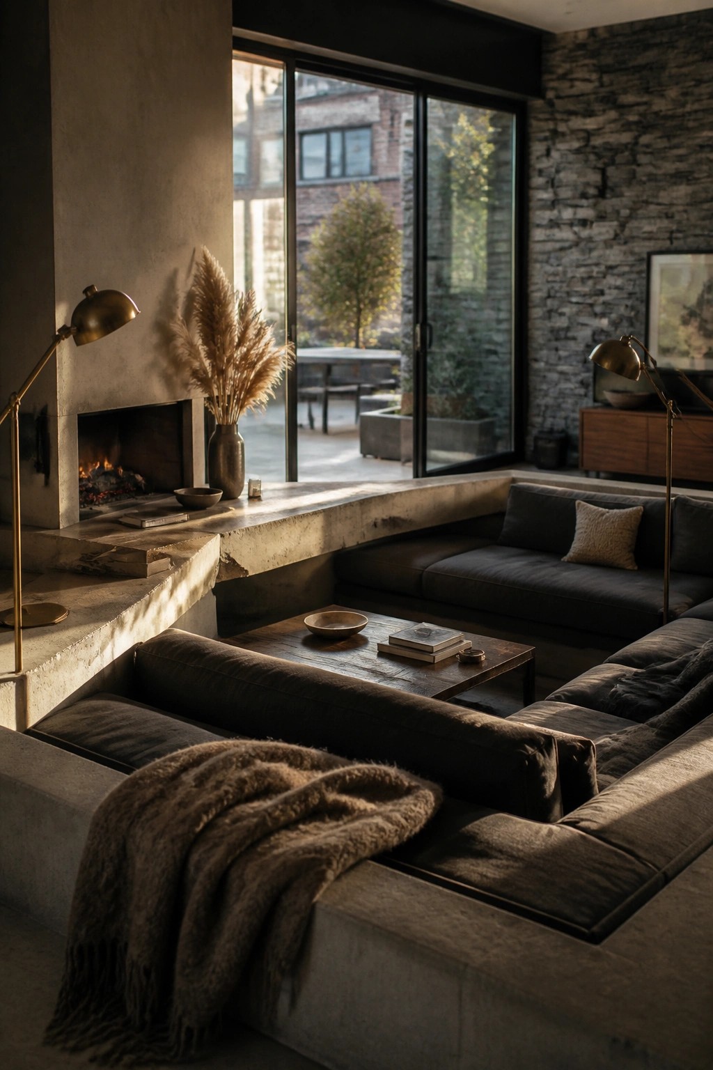 A living room featuring a dark sectional sofa set into a concrete platform beside a fireplace, with large glass doors in the background.