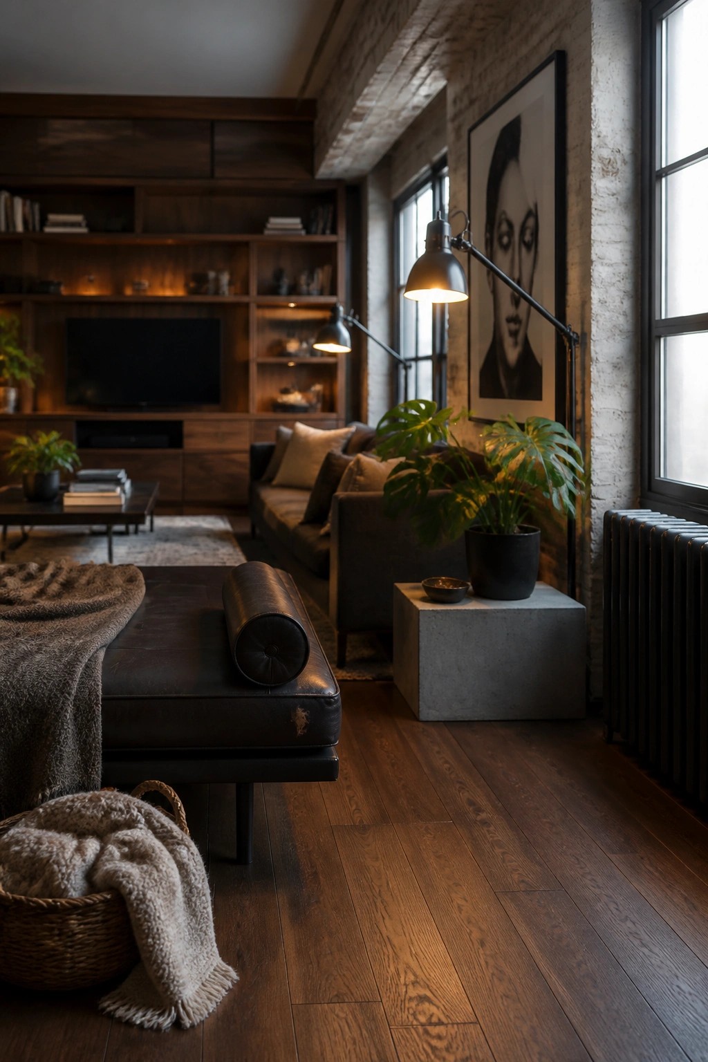 A masculine urban loft living room with dark wood built-in shelving, a leather bench, a gray sofa, large potted plants, and industrial floor lamps.