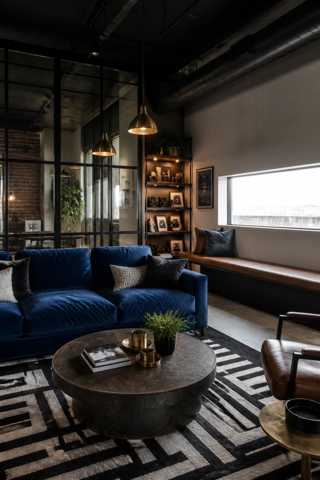 Interior view of an urban loft living room featuring a navy velvet sofa, round metal coffee table on a patterned rug, built-in shelving with integrated lights displaying cameras and photos, and a leather window seat.