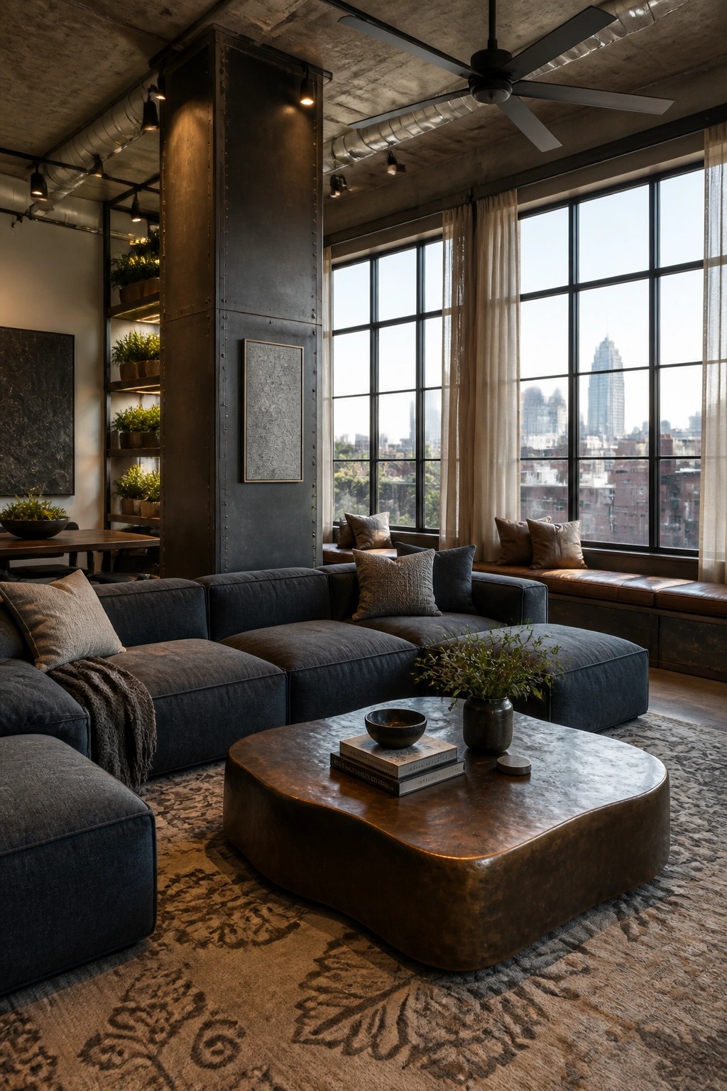 An industrial-style urban loft living room with a large dark sectional sofa, an oversized irregular bronze coffee table, a metal pillar, and large windows showing a city skyline.