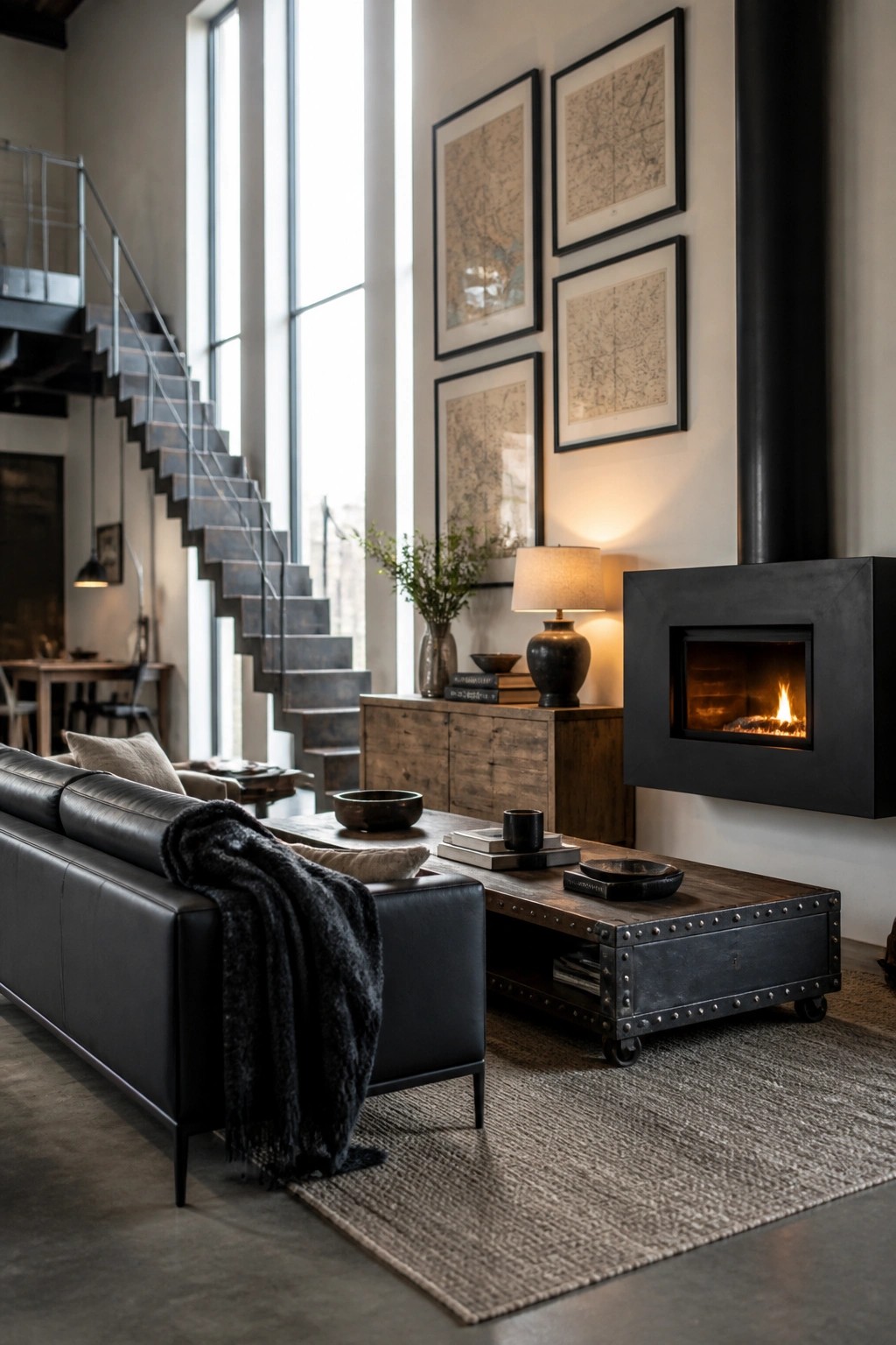 A spacious urban loft living room featuring a black leather sofa, a rustic wooden coffee table, and a large black modern fireplace built into the wall beside tall windows and a metal staircase.