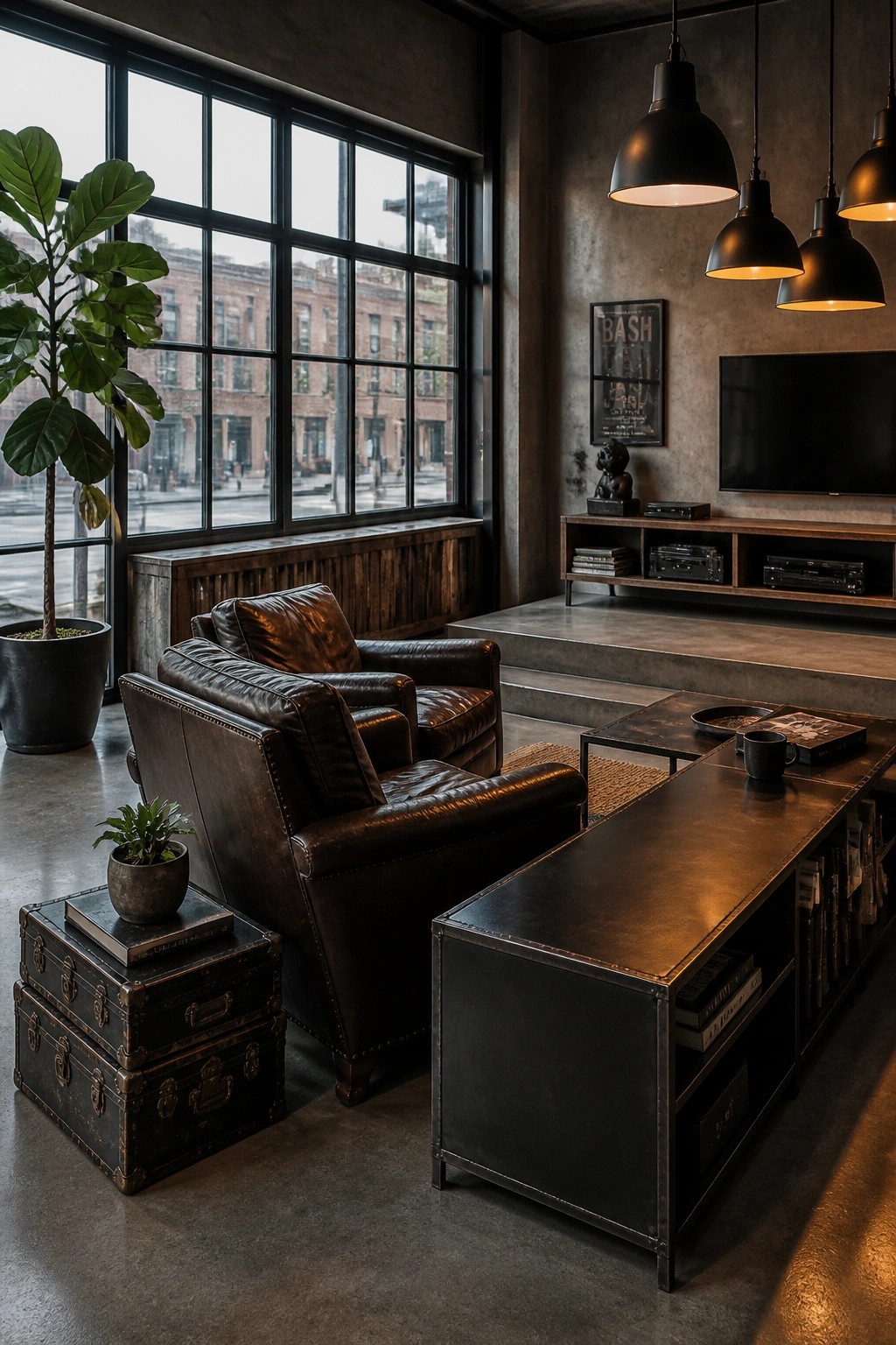 An industrial-style living room featuring two dark brown leather armchairs, a large rectangular metal coffee table, black pendant lights, and a potted plant beside large black-framed windows.