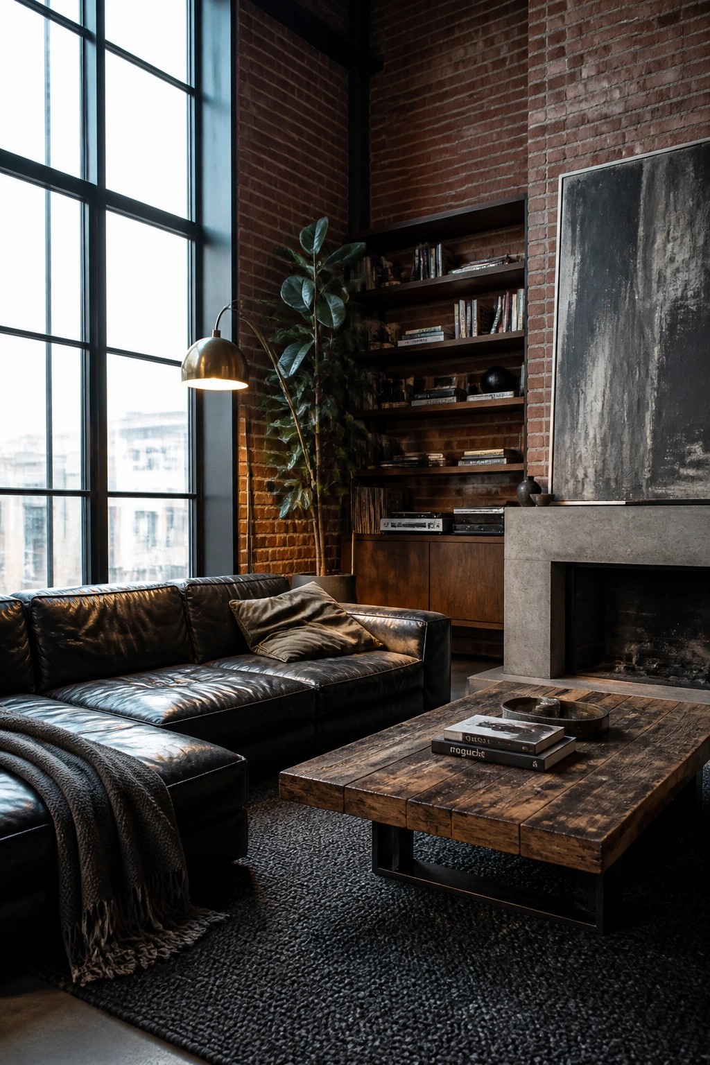 A spacious living room featuring a dark leather sectional sofa, rustic wooden coffee table, exposed brick walls, built-in bookshelves, and a concrete fireplace.