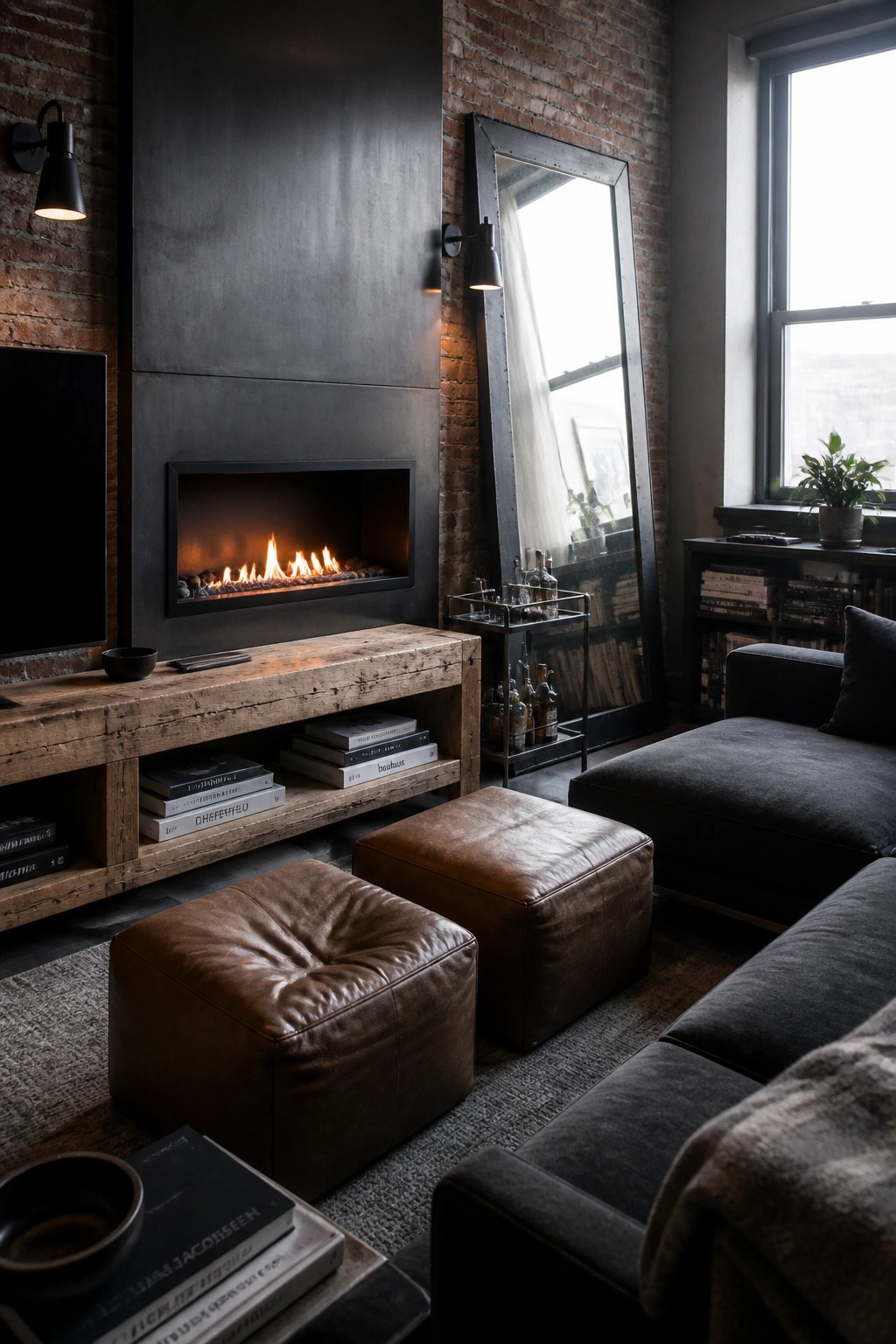 A living room with a dark metal fireplace set into a brick wall, wooden console below, and brown leather ottomans in front.